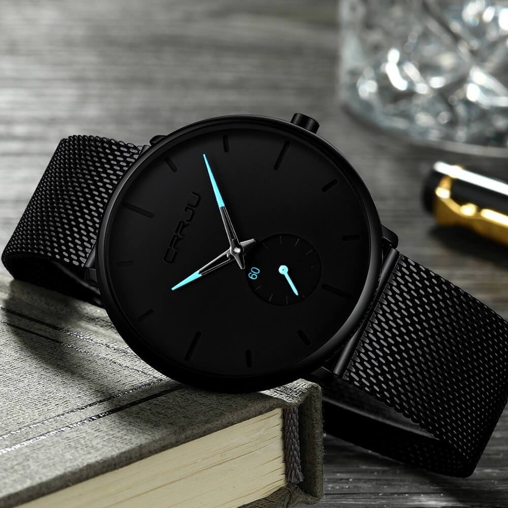 Luxe All Black steel blue horloge analoog strak modern minimalistisch