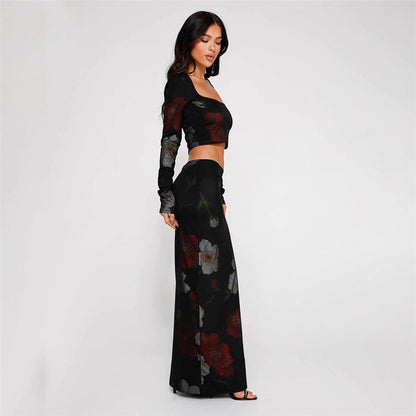 Naomi - Verleidelijke luchtige set croptop lange rok bloemen