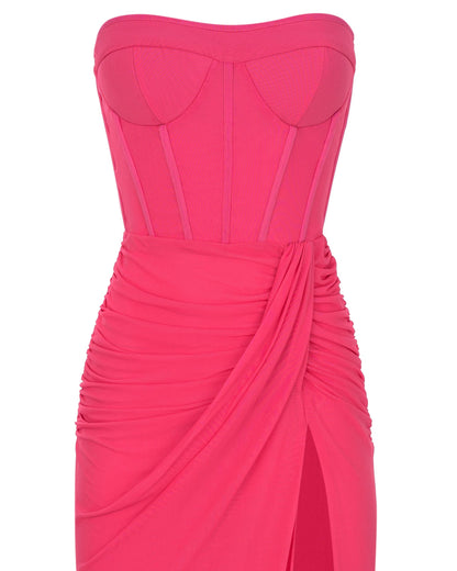 Uitdagende roze maxi off shoulder avondjurk