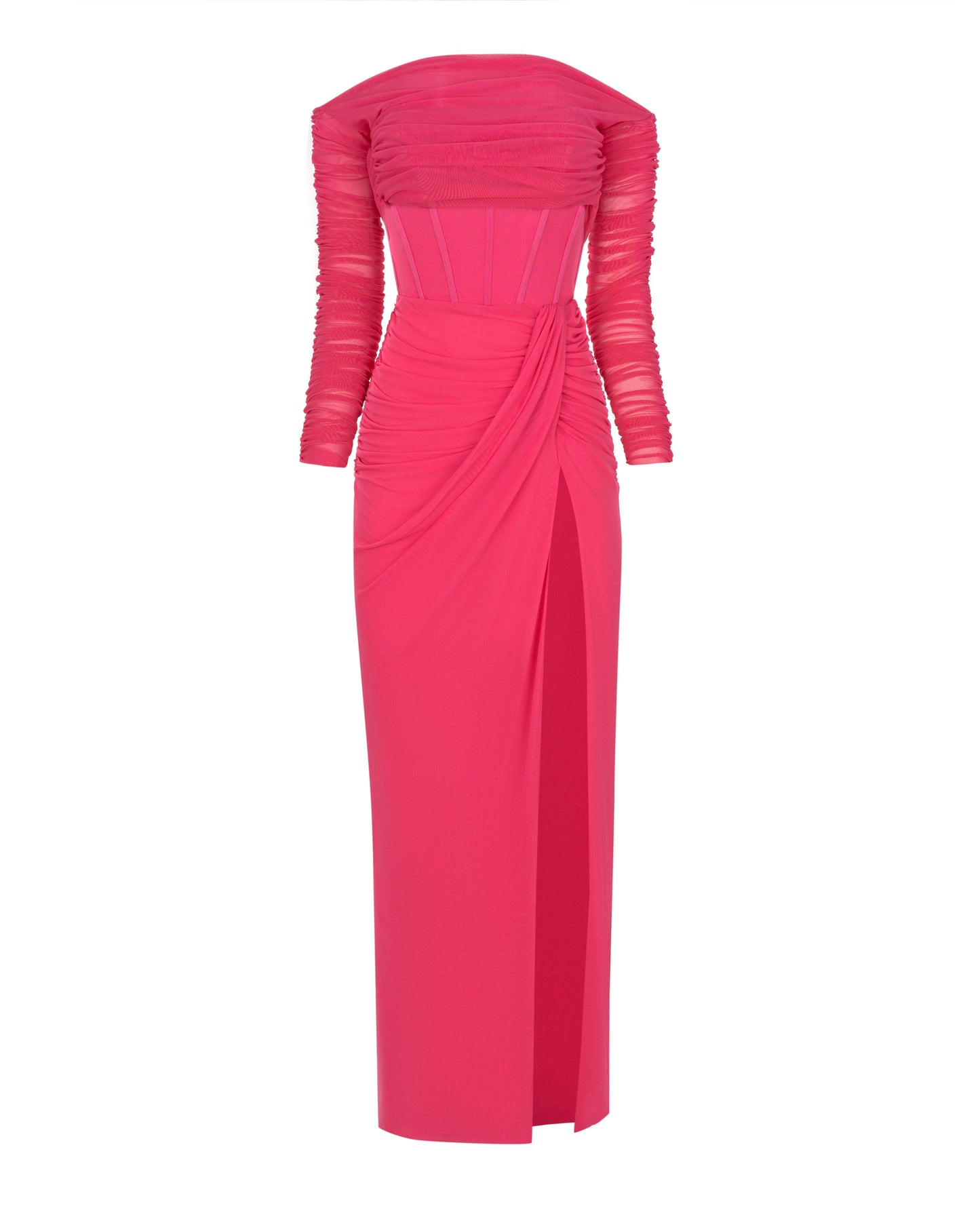 Uitdagende roze maxi off shoulder avondjurk