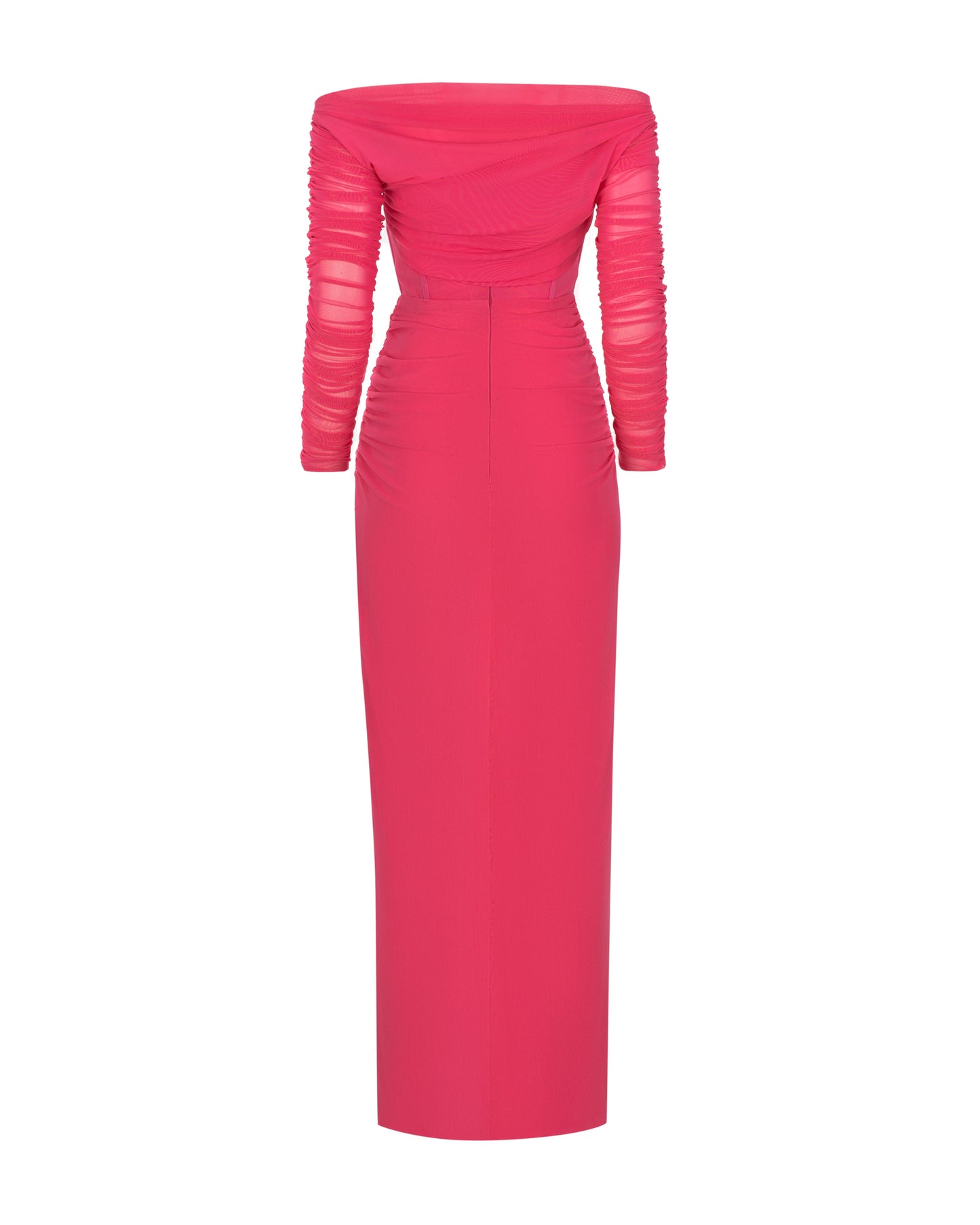 Uitdagende roze maxi off shoulder avondjurk