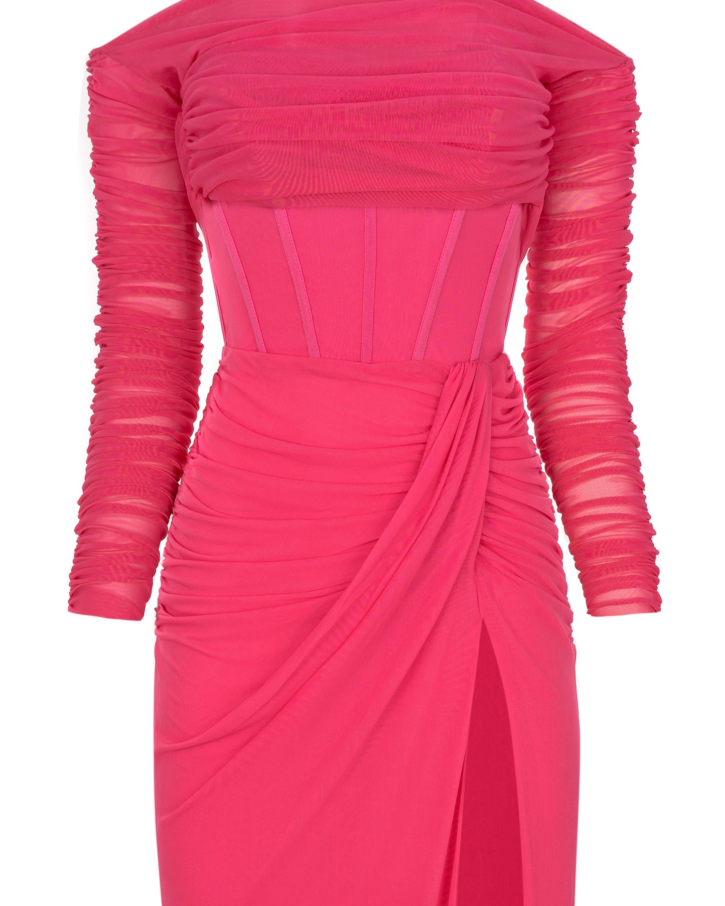 Uitdagende roze maxi off shoulder avondjurk