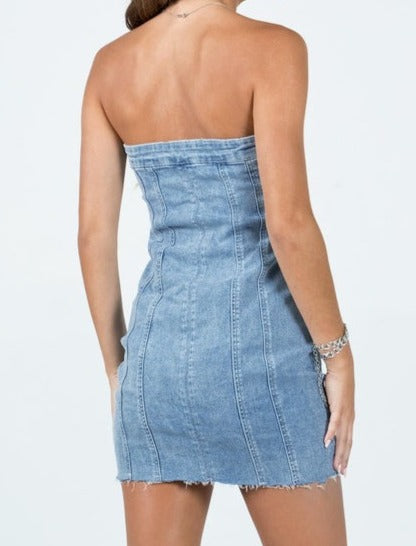 Strapless bodycon denim midi jurk