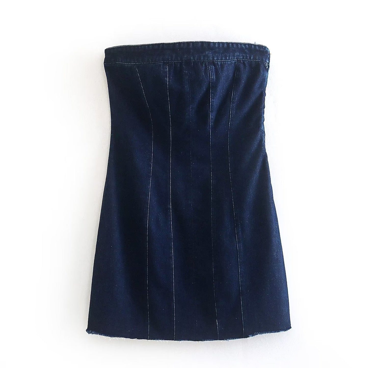 Strapless bodycon denim midi jurk