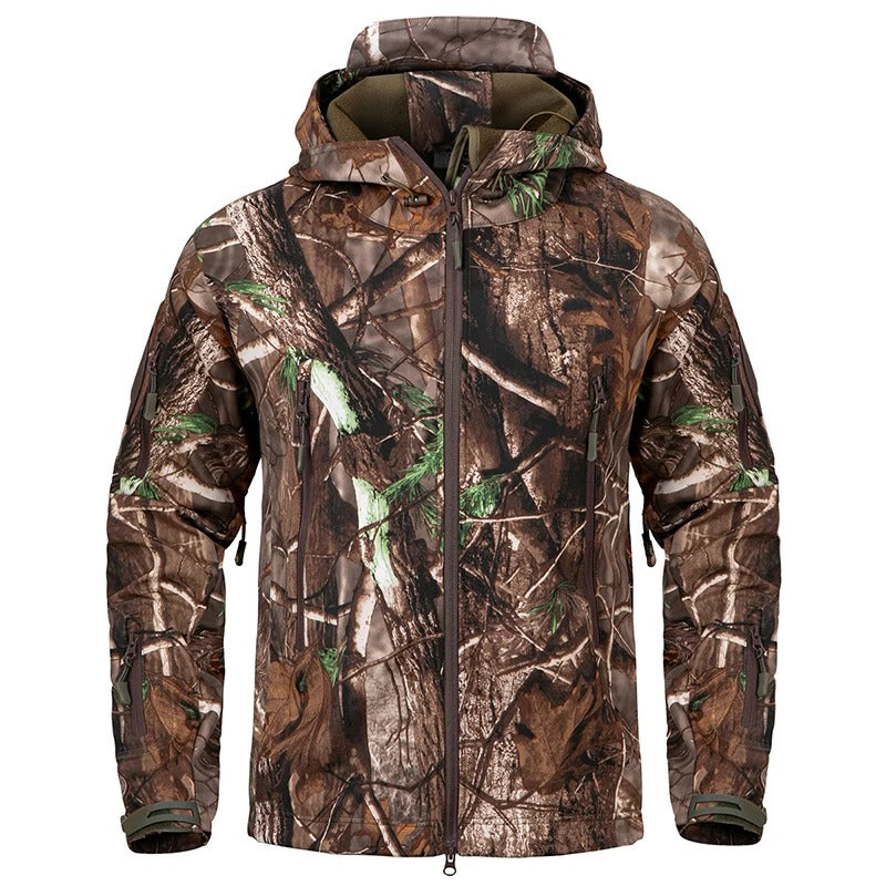 Heren werkjas visjas outdoorjas camo softshell met capuchon