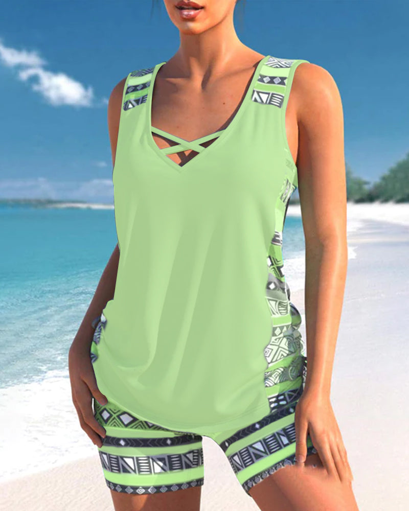 SummerSure - Tankini badpak bikini beachcover V-hals en geometrische print