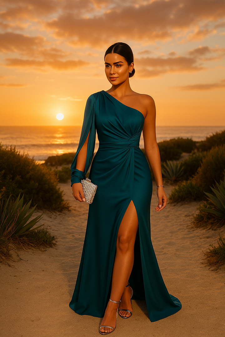 Niene - Elegante One-Shoulder Jurk met Gedrapeerde Details