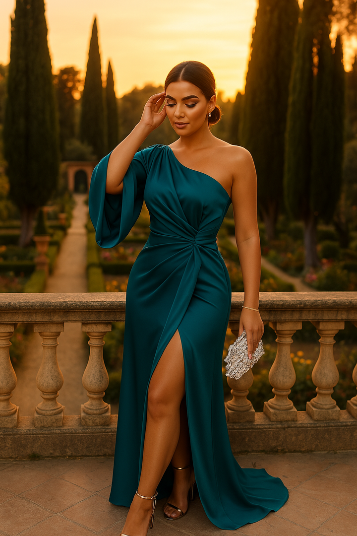 Niene - Elegante One-Shoulder Jurk met Gedrapeerde Details
