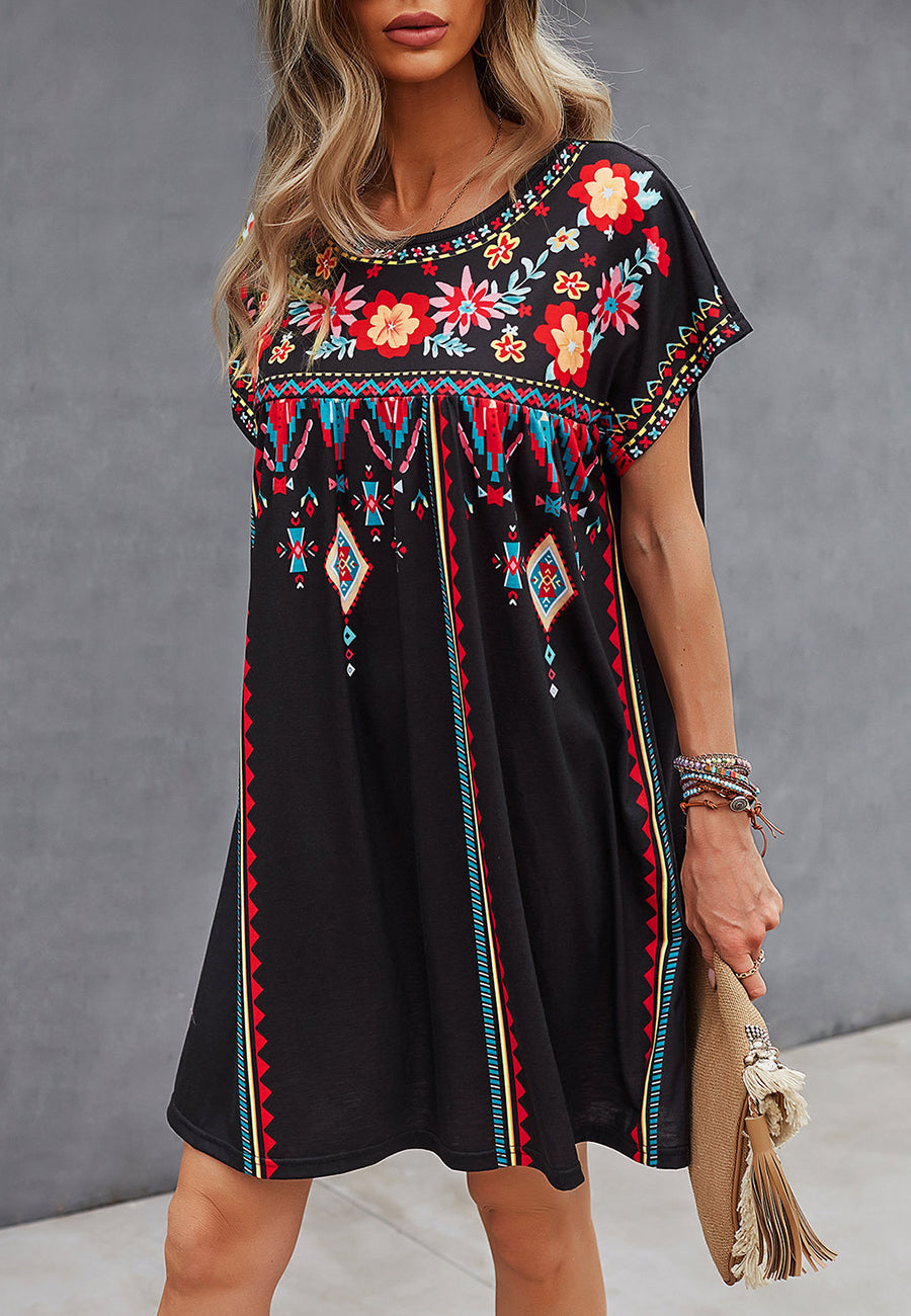 Boho Glow - Floral Multicolor boho stijl midi jurk groen zwart