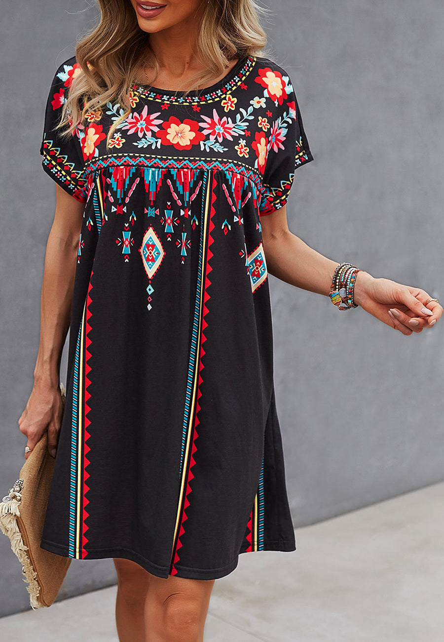 Boho Glow - Floral Multicolor boho stijl midi jurk groen zwart