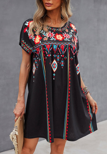 Boho Glow - Floral Multicolor boho stijl midi jurk groen zwart