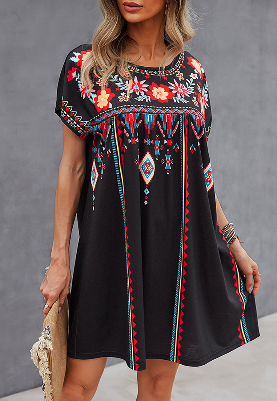 Boho Glow - Floral Multicolor boho stijl midi jurk groen zwart