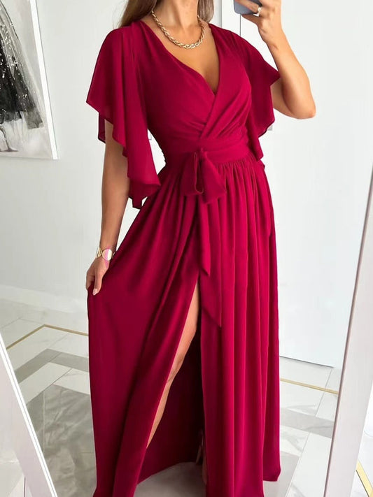 Aitana - Sexy maxi jurk met hoge split pofmouwen en strik