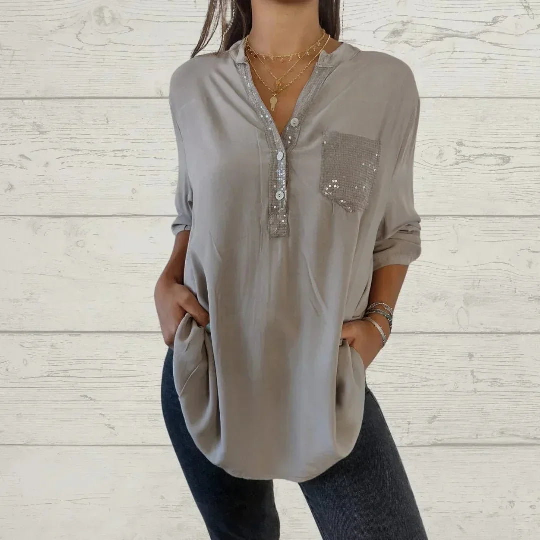 Jasmine - Casual Knoopblouse met Paillette Accenten