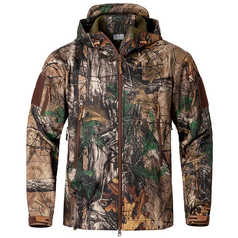 Heren werkjas visjas outdoorjas camo softshell met capuchon