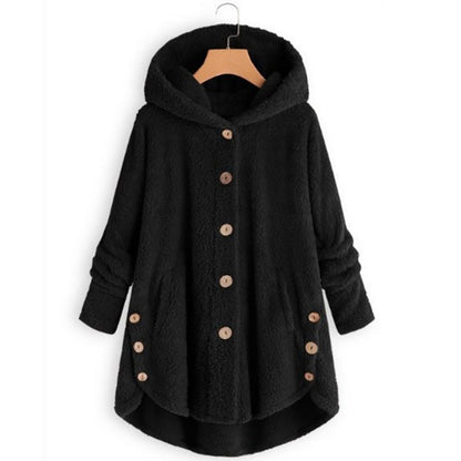 Jaelyn - Knoopsluiting fleece jas met capuchon en voorzakken