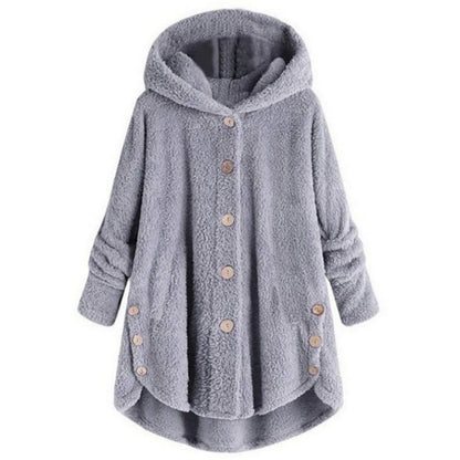 Jaelyn - Knoopsluiting fleece jas met capuchon en voorzakken