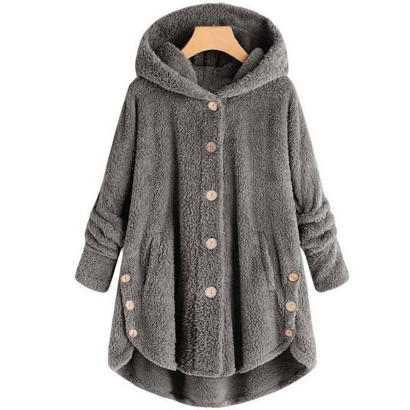 Jaelyn - Knoopsluiting fleece jas met capuchon en voorzakken