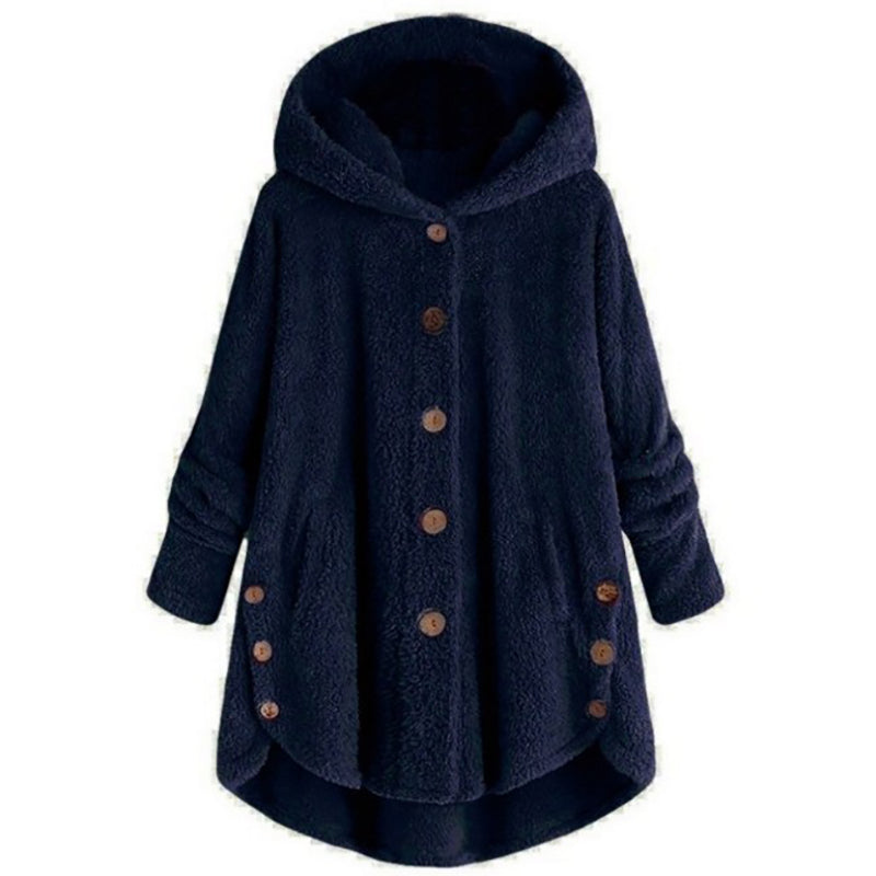 Jaelyn - Knoopsluiting fleece jas met capuchon en voorzakken