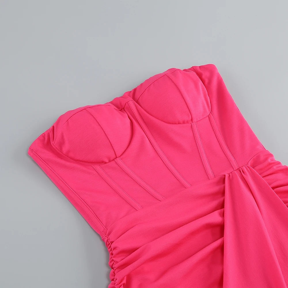 Uitdagende roze maxi off shoulder avondjurk