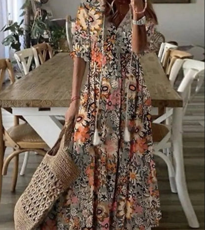 Lilly - Maxi jurk met halve mouwen en bloemen V-hals