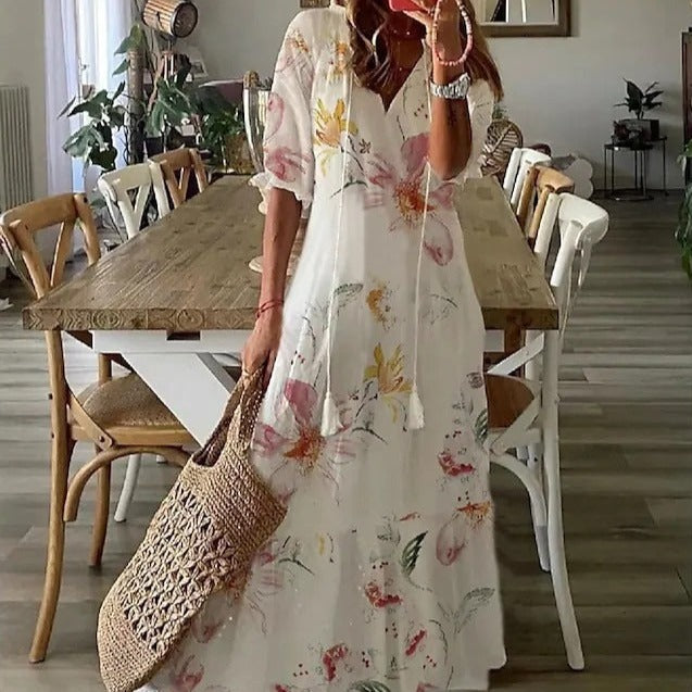 Lilly - Maxi jurk met halve mouwen en bloemen V-hals